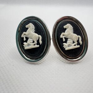 Men's Vintage Swank Rearing Horse Cuff Links Costume Jewelry Black White Silver